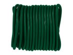 A neatly coiled bundle of dark green garden hose, ready for use.