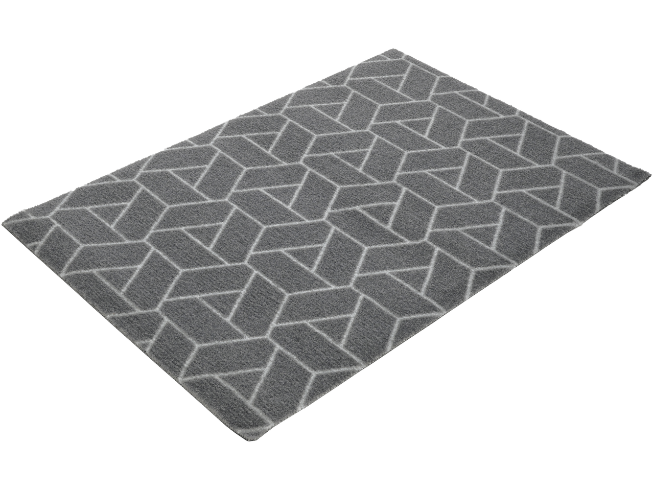 Pelēks paklājs ar baltu ģeometrisku rakstu.