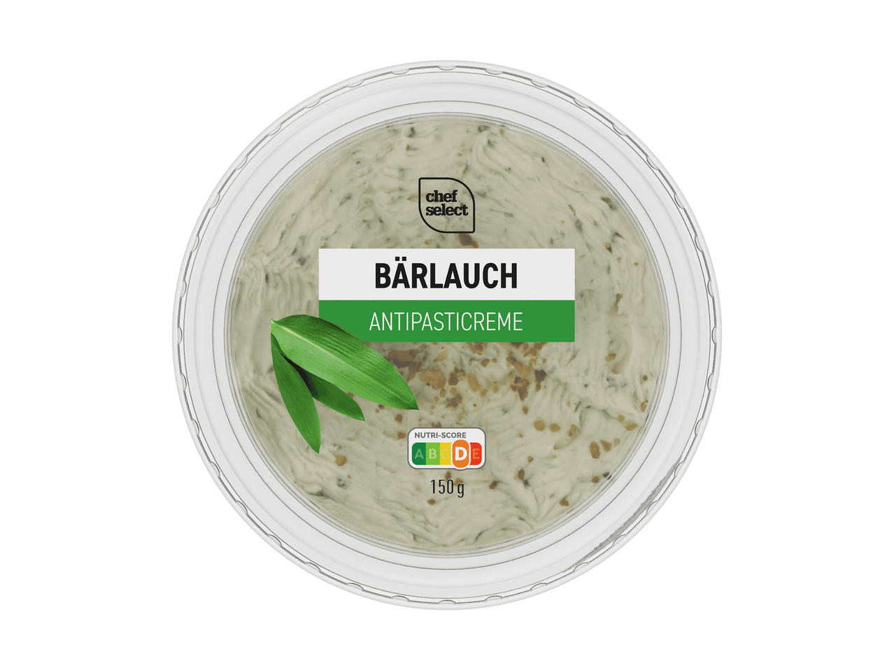 Bärlauch Antipasticreme in einer runden Verpackung mit Nutri-Score D und 150g Inhalt.