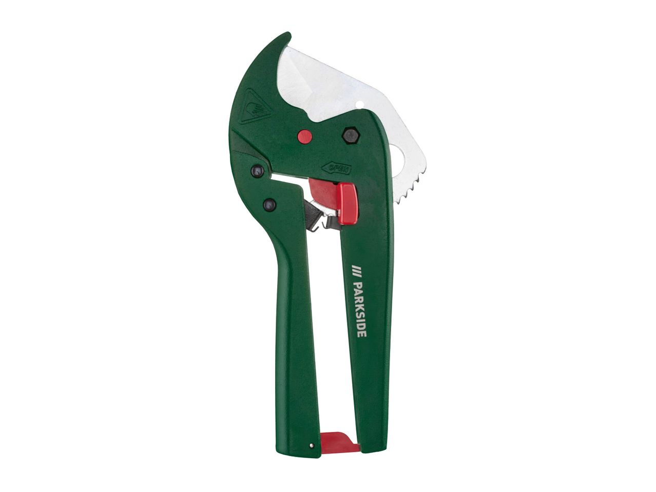 Green and red pipe cutter with a silver blade and 