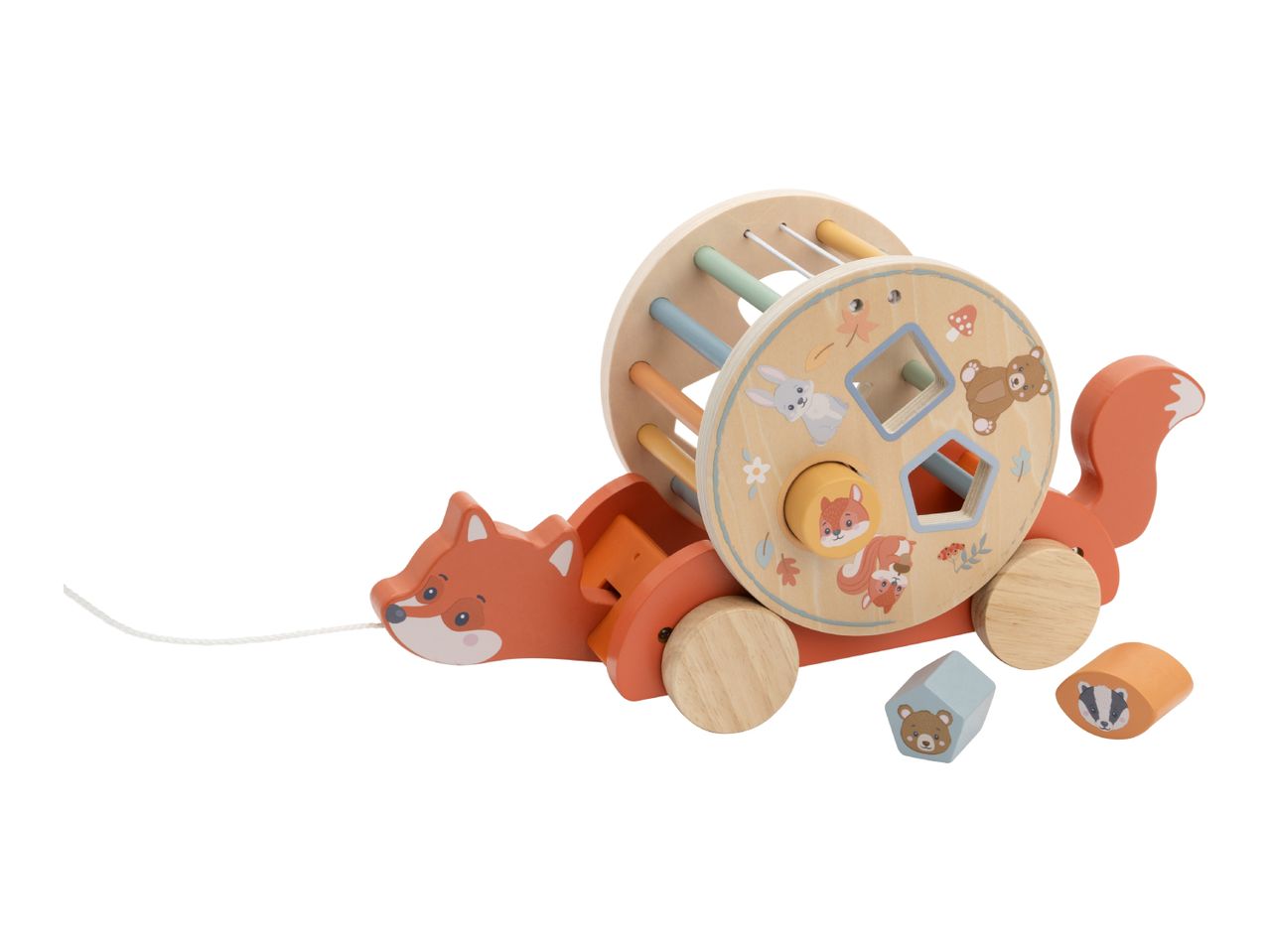 Wooden fox pull-along toy with a shape sorter drum featuring forest animals.