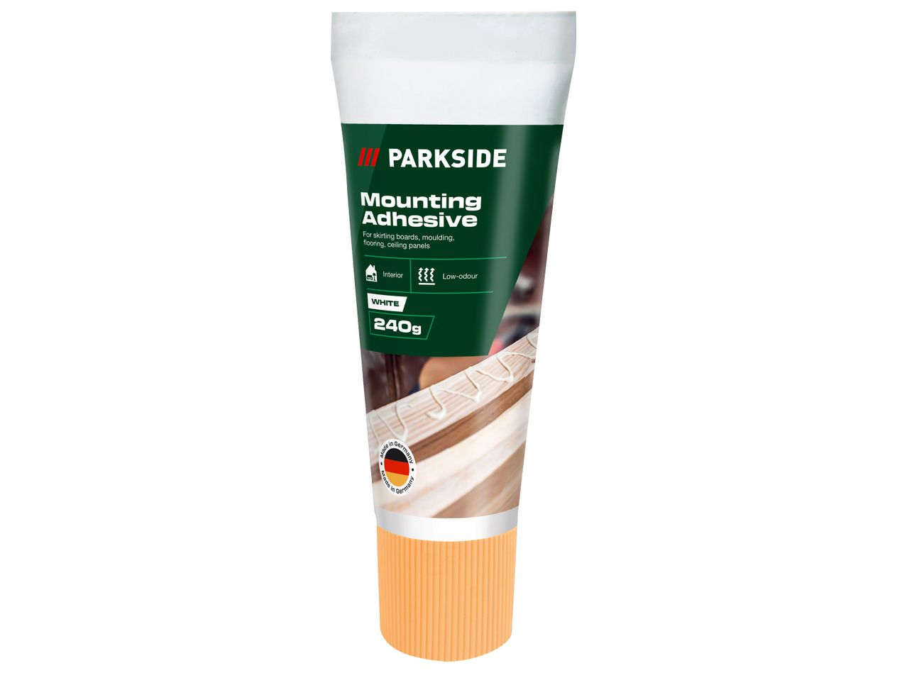 Туба с монтажно лепило Parkside® за первази, корнизи, подови настилки и таванни панели.