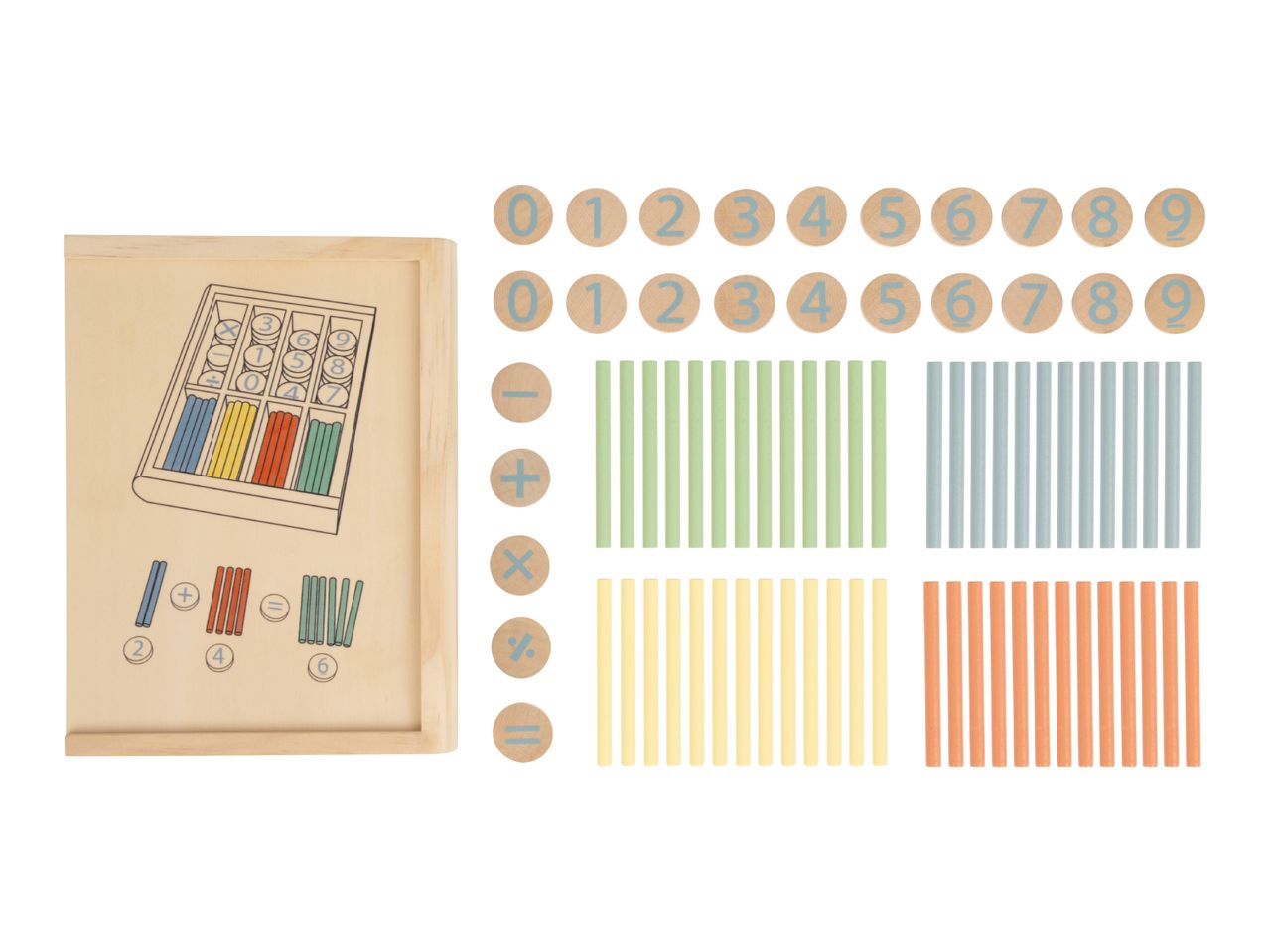 Wooden math learning set with number discs, operation symbols, and colorful counting sticks.