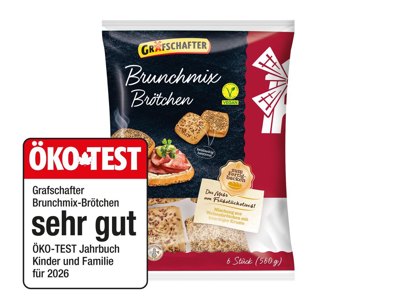 Verpackung von Brunch-Brötchen mit der Aufschrift „sehr gut“ von ÖKO-TEST.