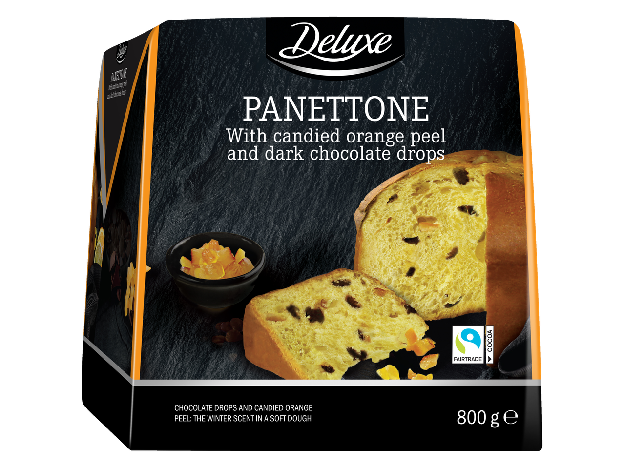 Deluxe Panettone su cukruotais apelsinų žievelėmis ir juodojo šokolado gabalėliais, 800 g.
