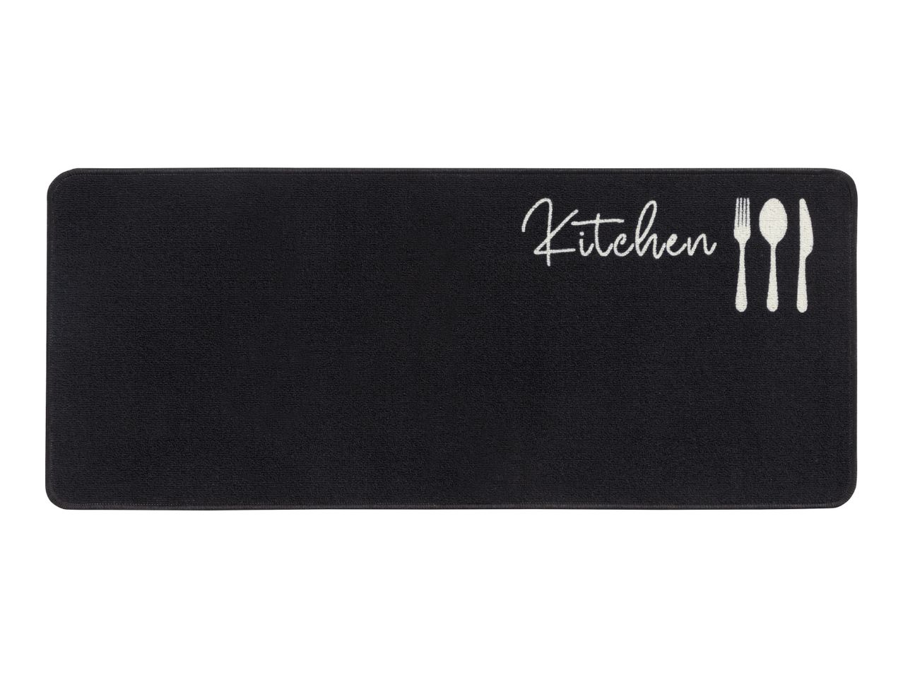 Black kitchen mat with 'Kitchen' text and utensil icons.