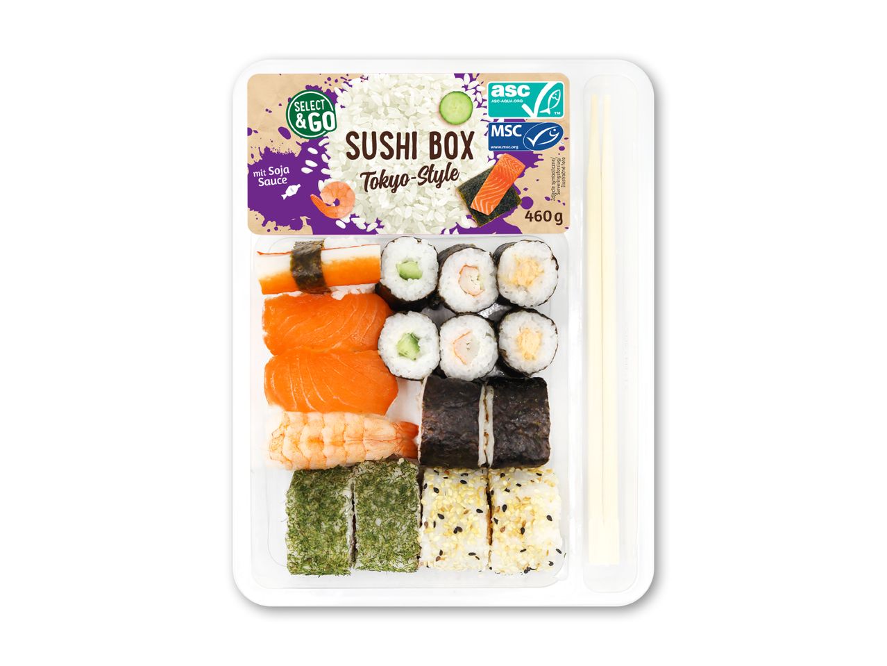 Sushiæske i Tokyo-stil med forskellige sushiruller, nigiri og spisepinde.