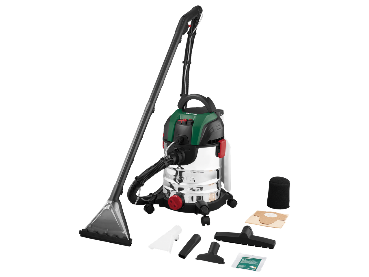 PARKSIDE® 1600W Carpet Cleaner with accessories including nozzles, filters, and cleaning solution.