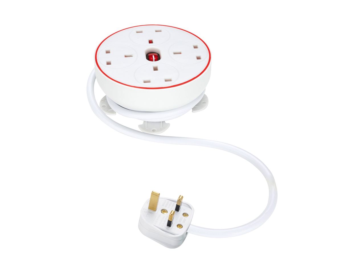 White circular extension lead with four sockets and a red power button, with a UK plug.