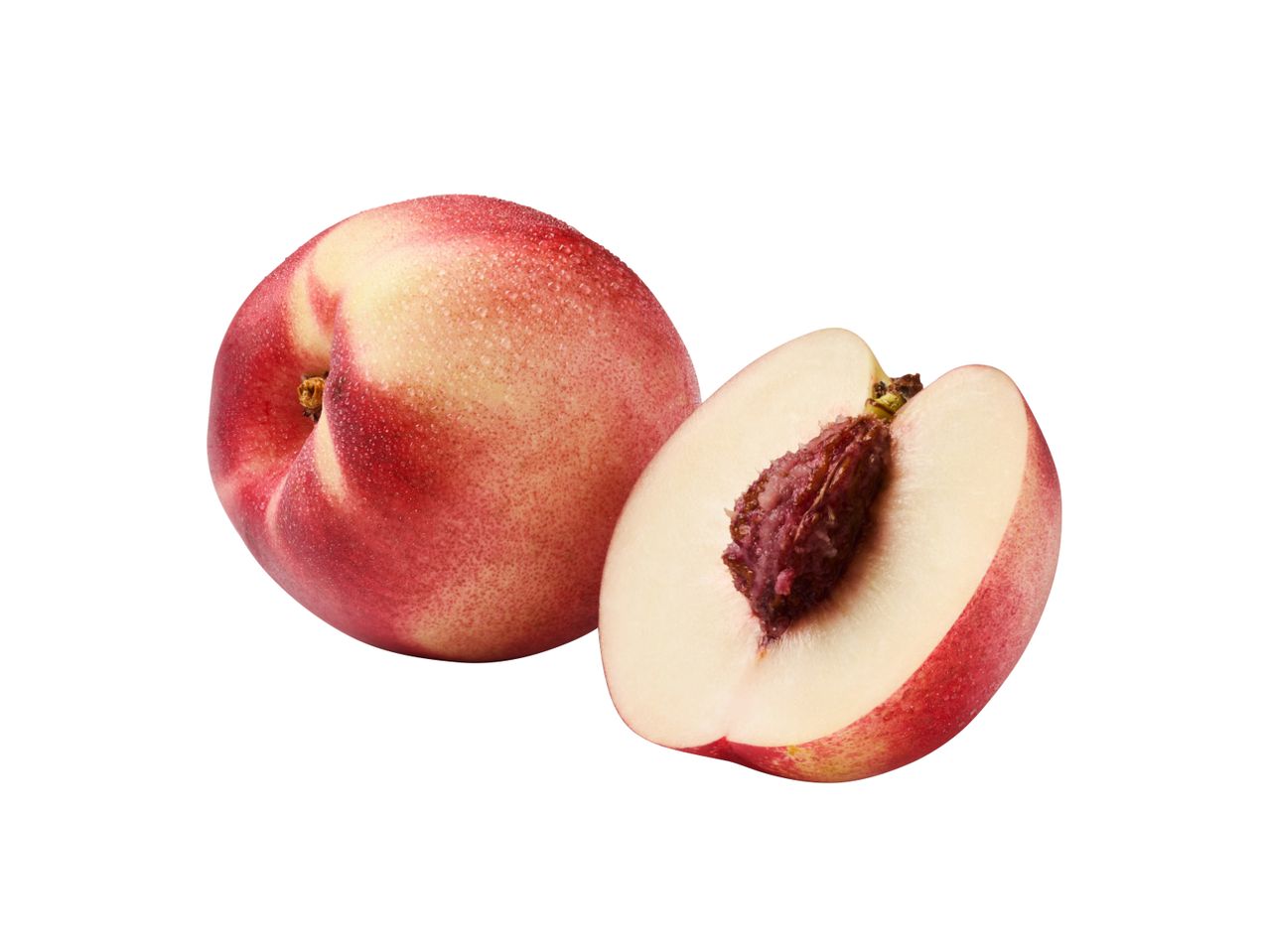 A whole and a halved nectarine.