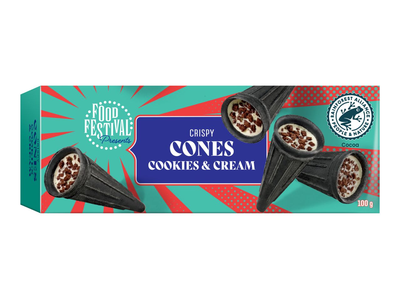 Crispy cones with cookies and cream filling, presented in a colorful box.