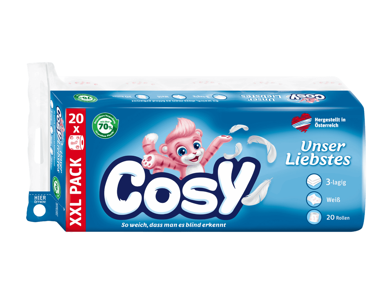 Packung Toilettenpapier mit 20 Rollen, 3-lagig und weiß, mit einem rosa Kätzchen und Federn.