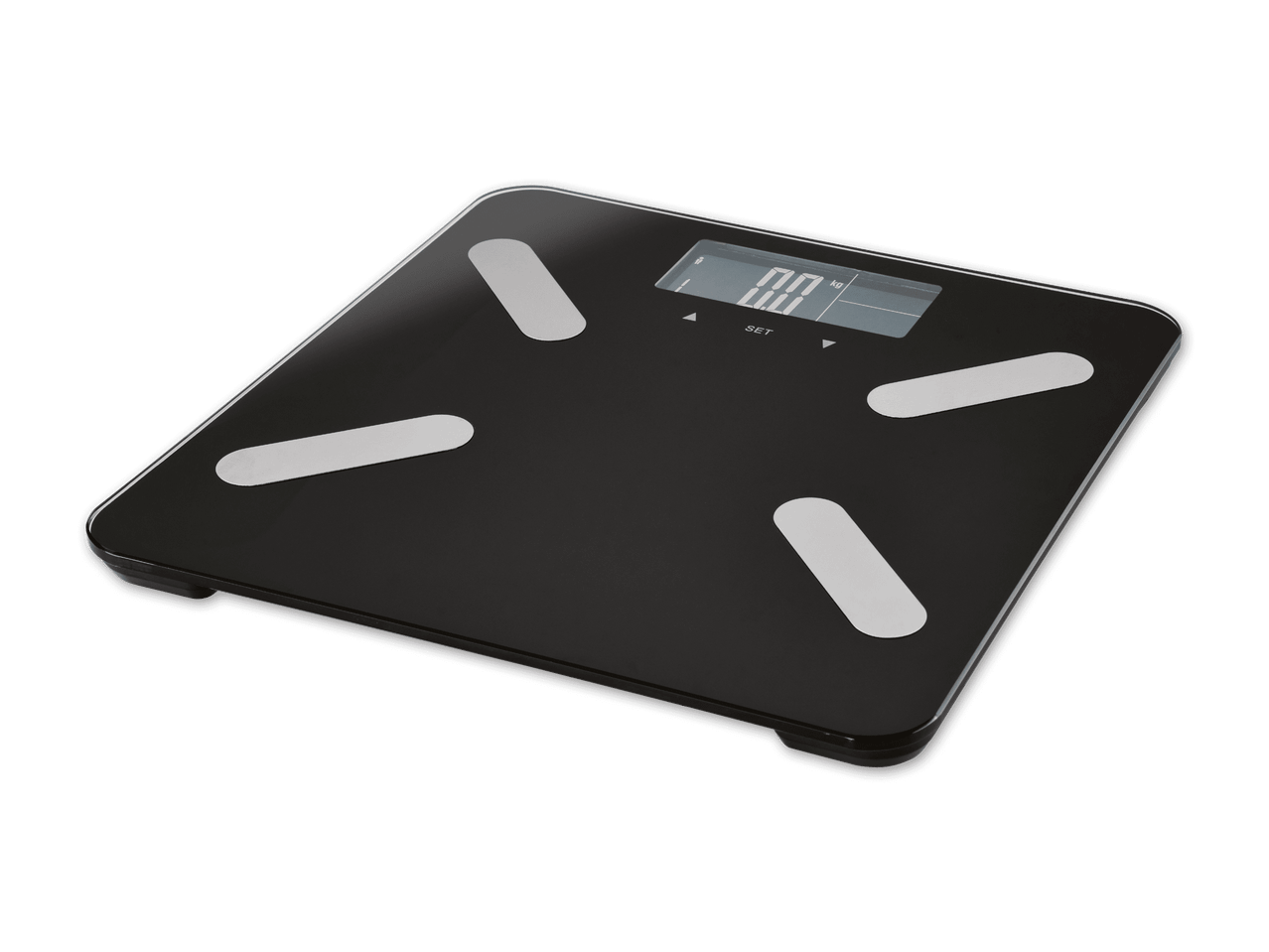 Digitale Personenwaage in Schwarz mit silbernen Sensoren und Display
