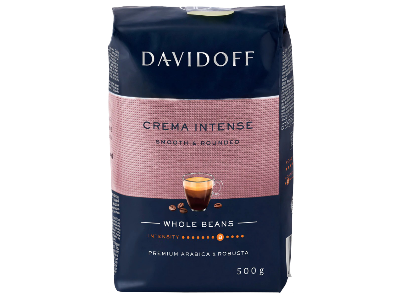 Пакет кафе на зърна Crema Intense с надпис 'Smooth & Rounded' и 'Premium Arabica & Robusta', 500 гр.