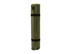 Rolled-up green camping mat with black straps on a white background