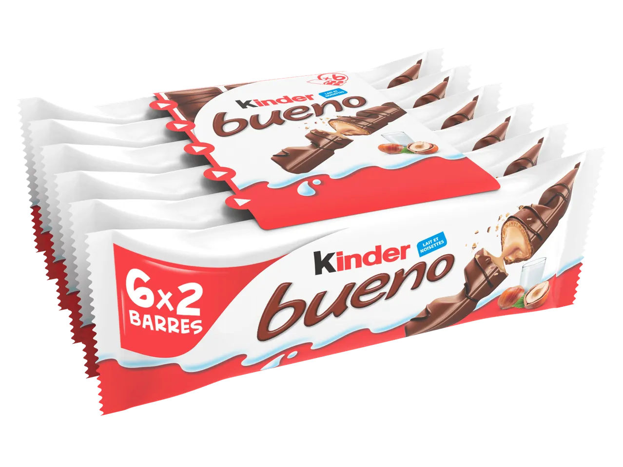 Un paquet de barres chocolatées croustillantes avec un fourrage crémeux, des noisettes et du lait.