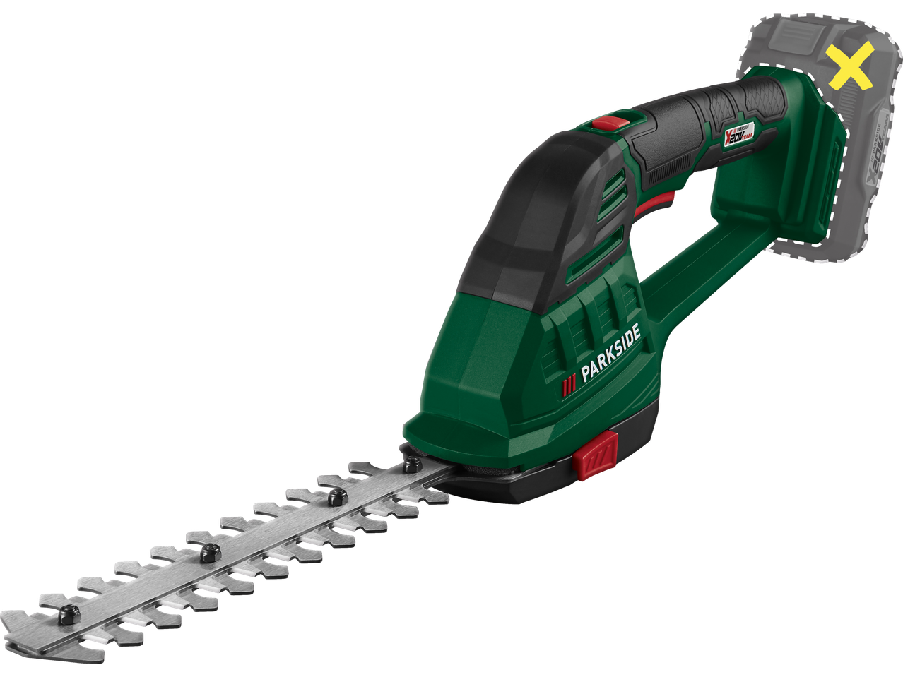 Akumuliatorinės gyvatvorių žirklės su nuimama baterija ir aštriais ašmenimis.