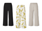 Drei Paar weite Hosen: schwarz, beige mit Vogelmuster und beige.