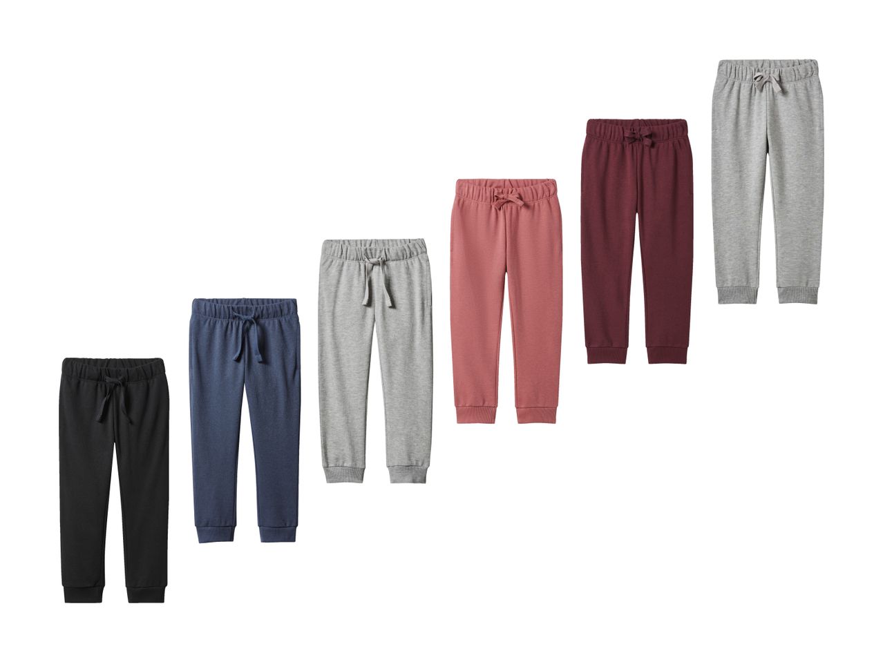 Sechs Jogginghosen in verschiedenen Farben.