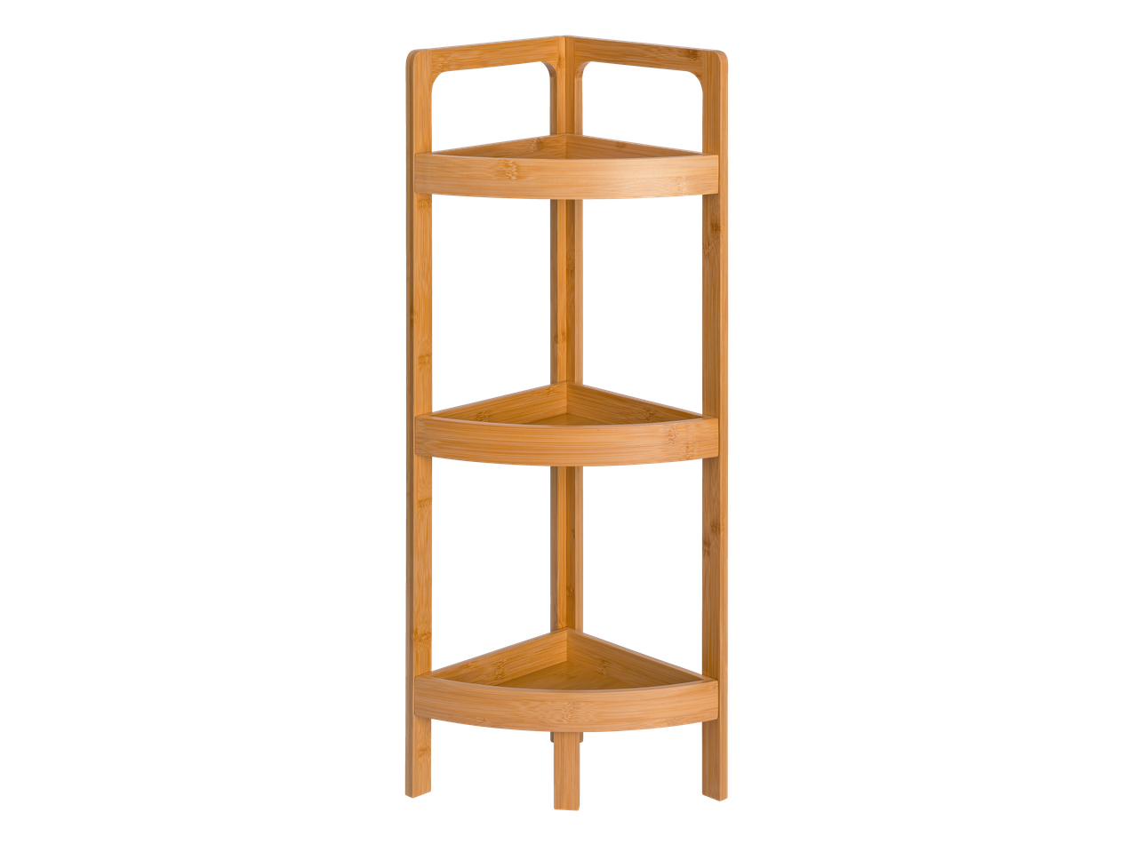 LIVARNO etajeră de colț din bambus cu trei niveluri pe fundal negru.