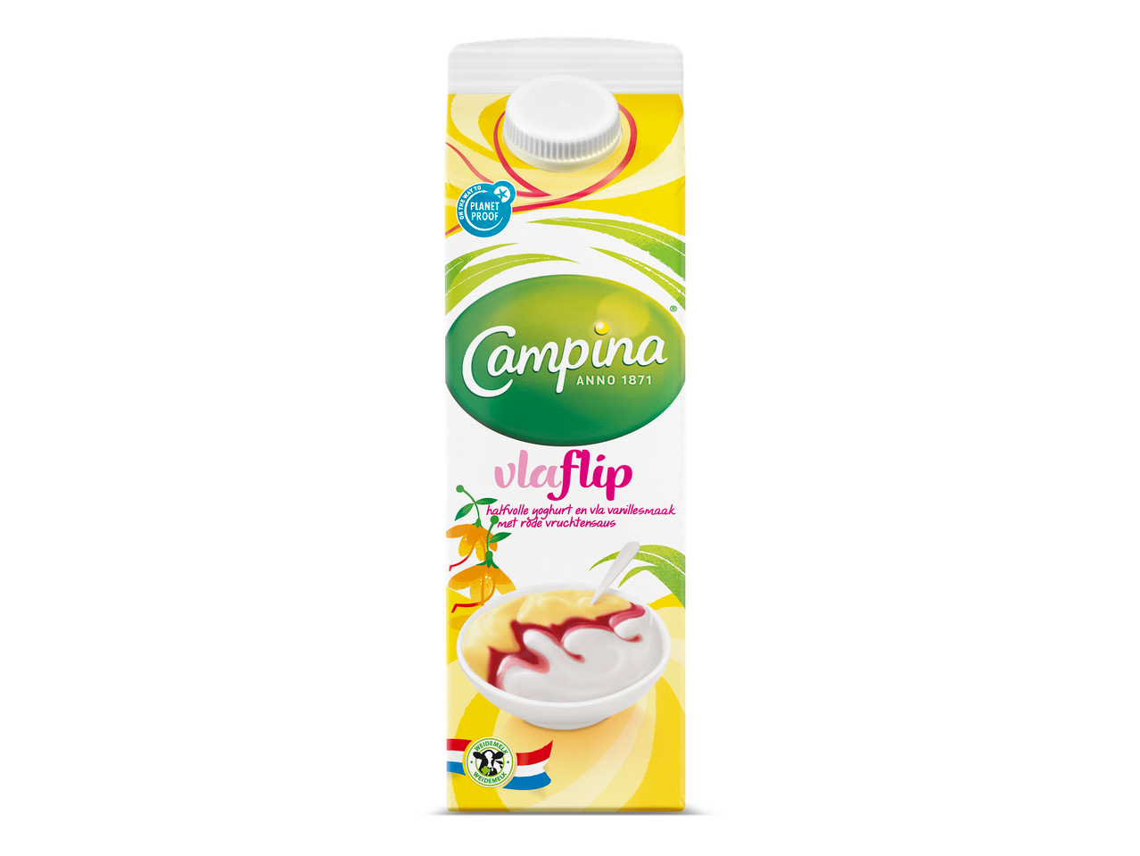 Campina Vlaflip yoghurt en vla vanillesmaak met rode vruchtensaus.