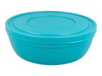Teal plastic food storage container with a lid