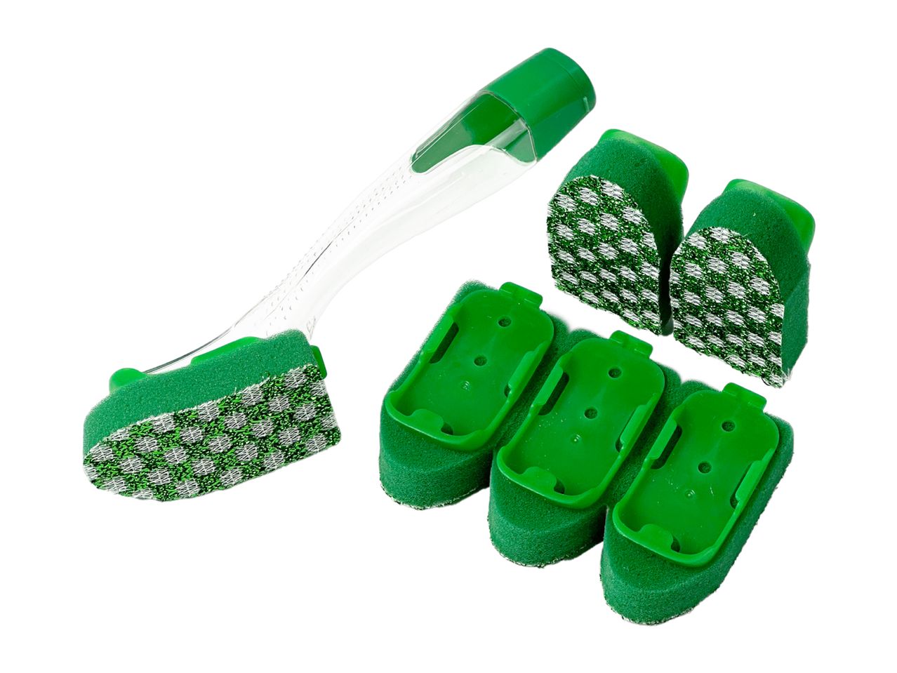 Green sponge scrubbers with replaceable heads and a dispenser.