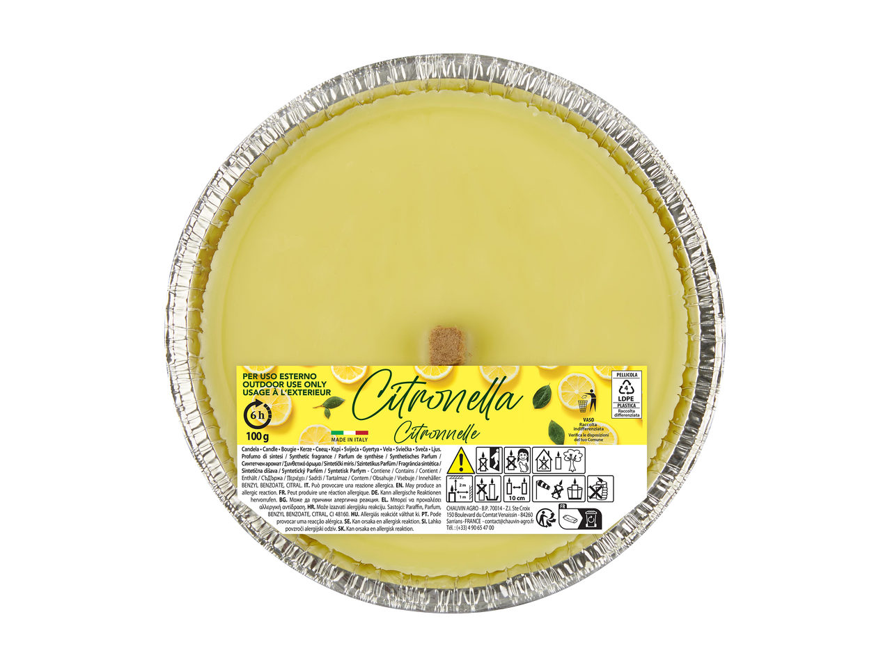 Citromella illatú, sárga színű gyertya alumínium tálban, kültéri használatra.