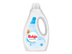 Witte fles wasmiddel met blauw etiket, oranje vlinder en tekst 'Behoudt Wit'.