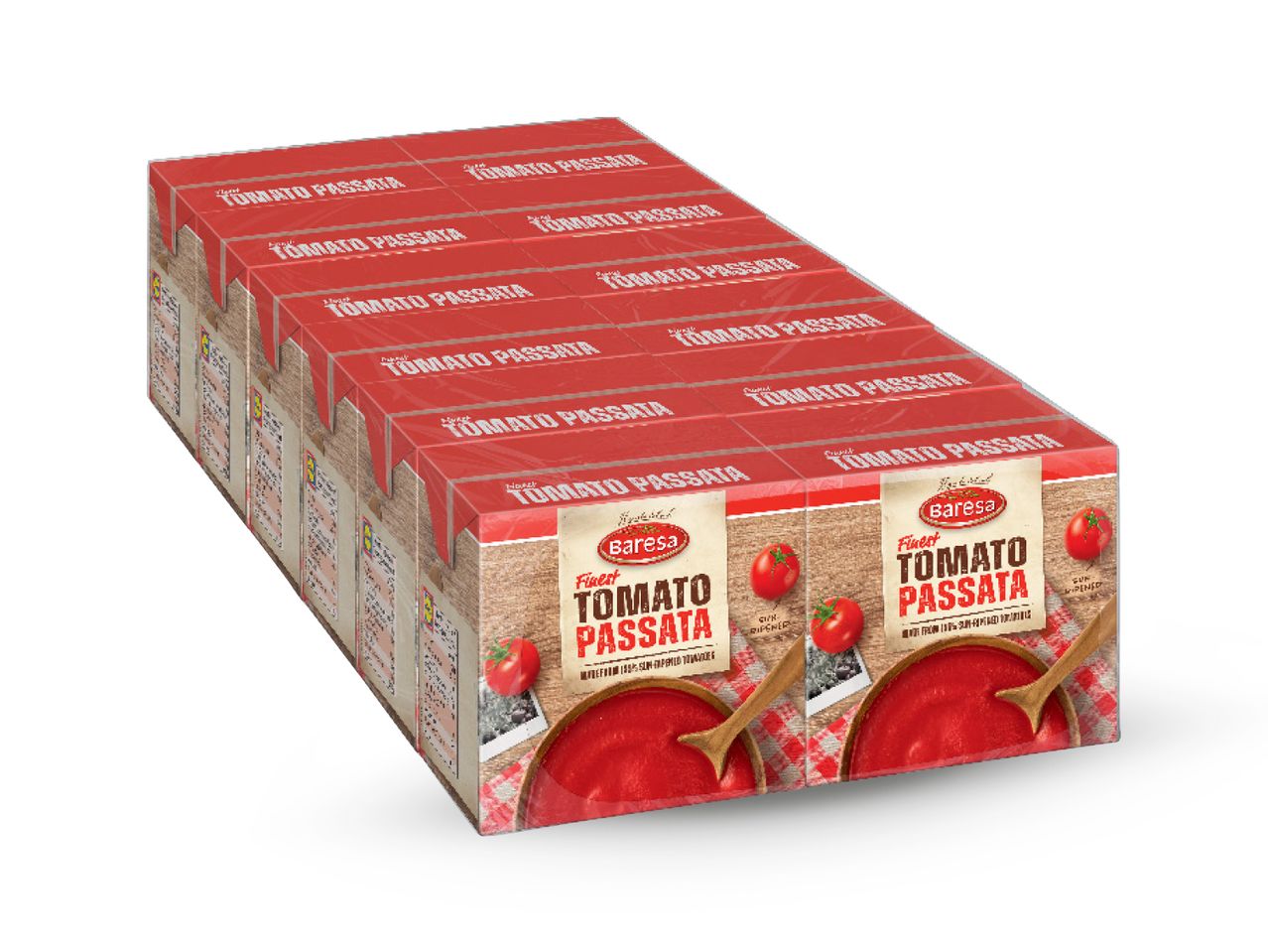 Dvanaest pakiranja Barese Fine Tomato Passate, uredno složeno.