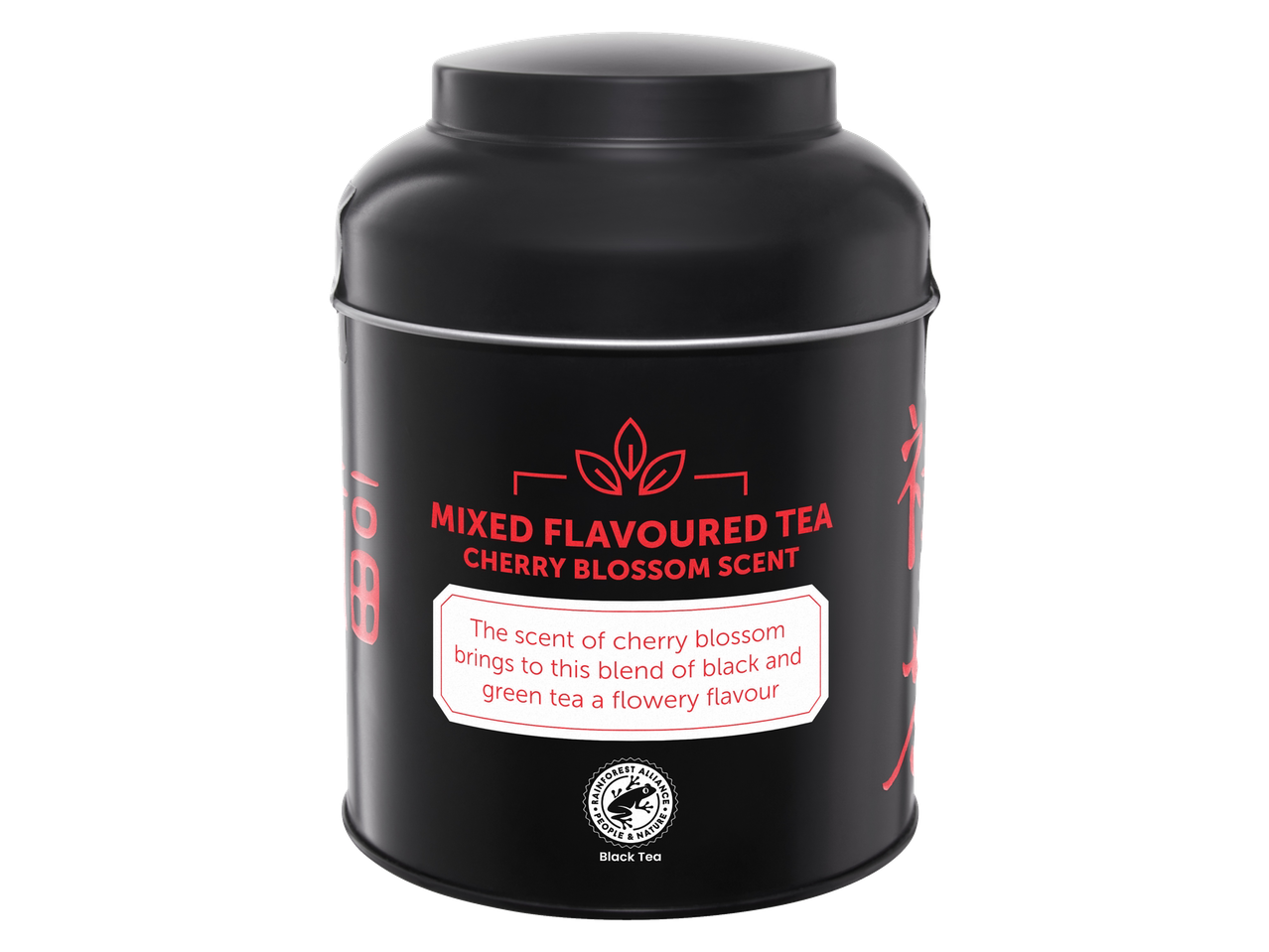 Black tea tin with cherry blossom scent, featuring a Rainforest Alliance logo.