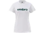 Moteriški balti Umbro marškinėliai su tamsiai žaliu logotipu priekyje.