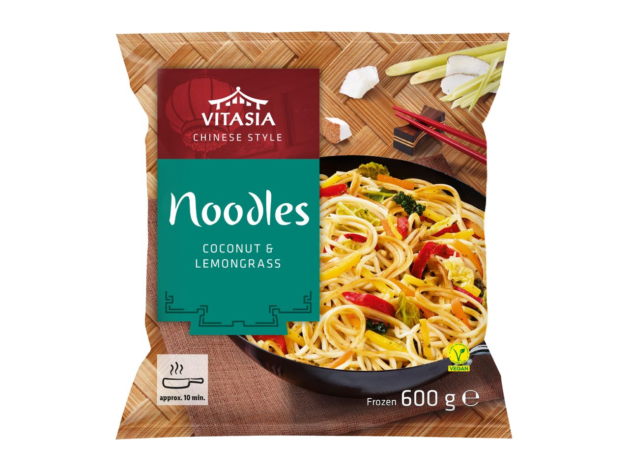 Frozen coconut and lemongrass noodles with vegetables, ready in 10 minutes, 600g, vegan.