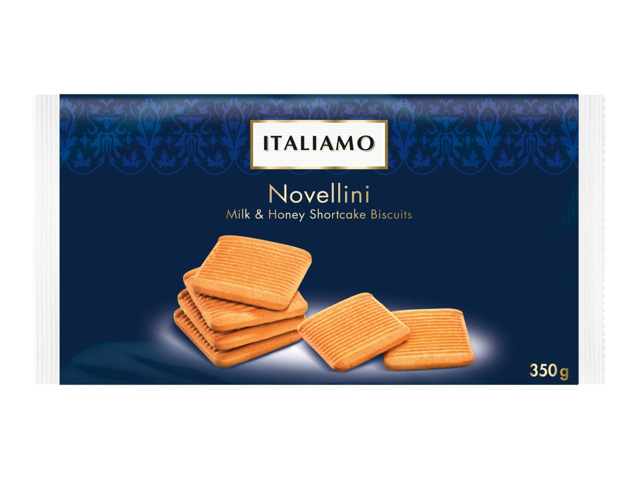 Dark blue package of milk and honey shortcake biscuits with a decorative pattern.