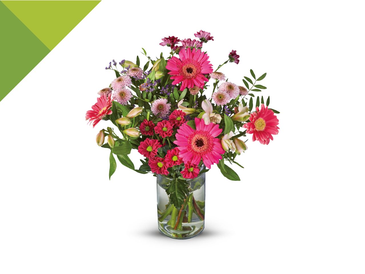 Buket ružičastih gerbera i krizantema u staklenoj vazi.