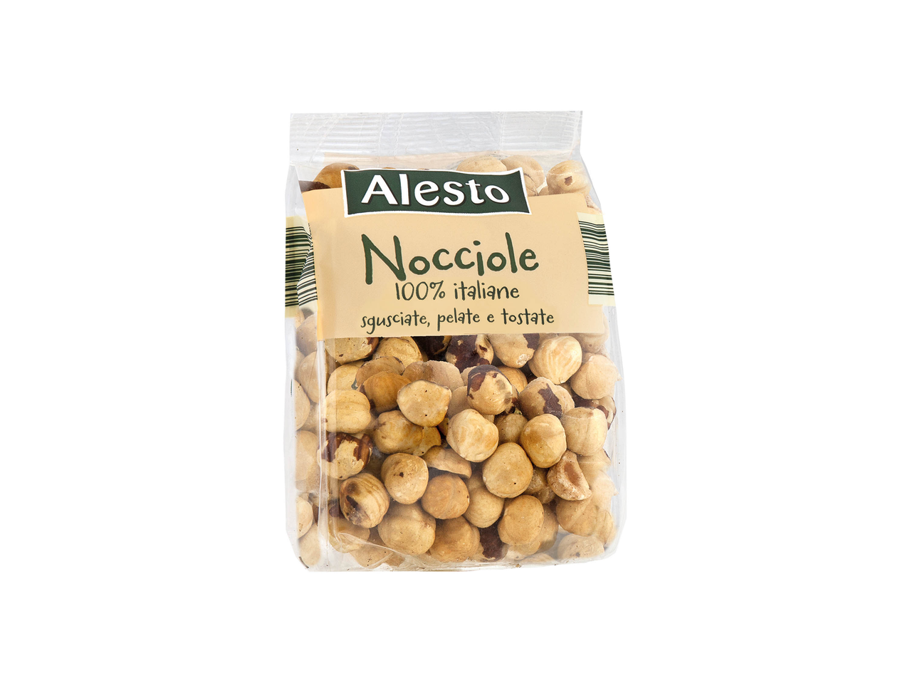 Alesto Nocciole (hazelnuts) 100% Italian, shelled, peeled, and toasted in a clear bag.