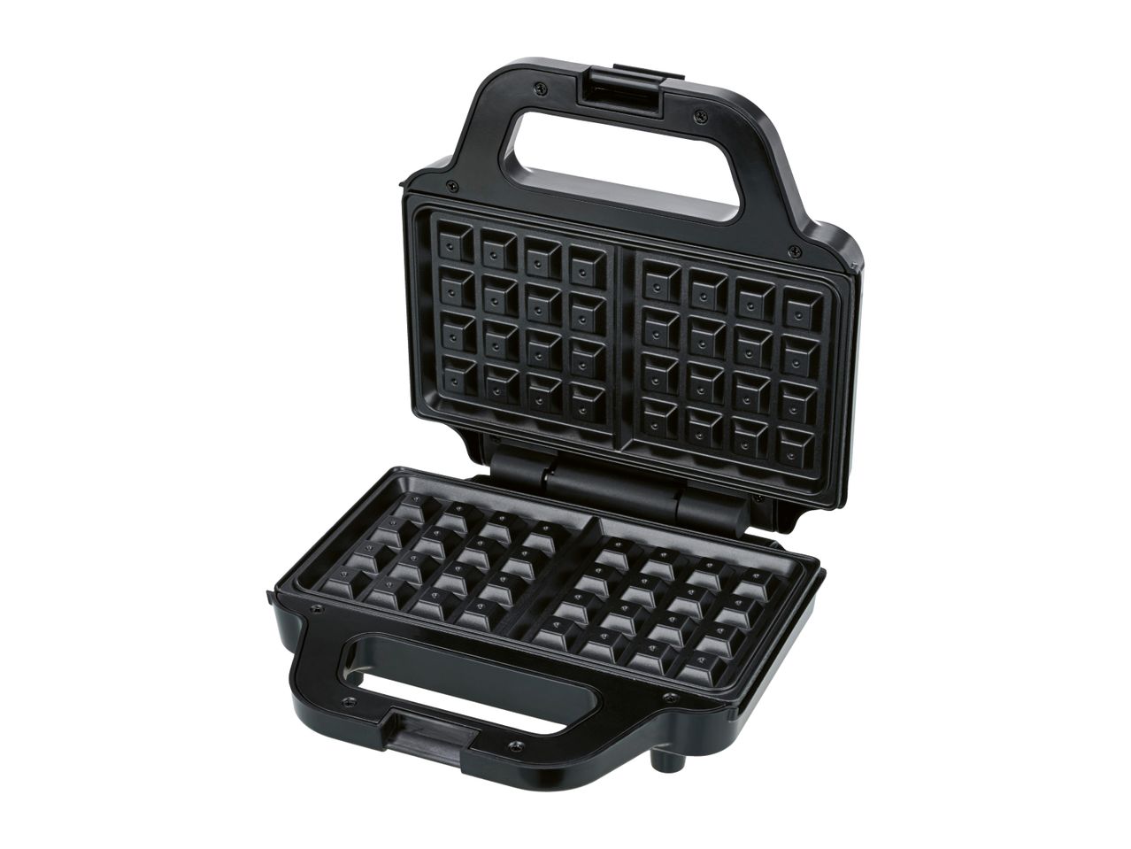 Open black waffle maker with square grids on a white background