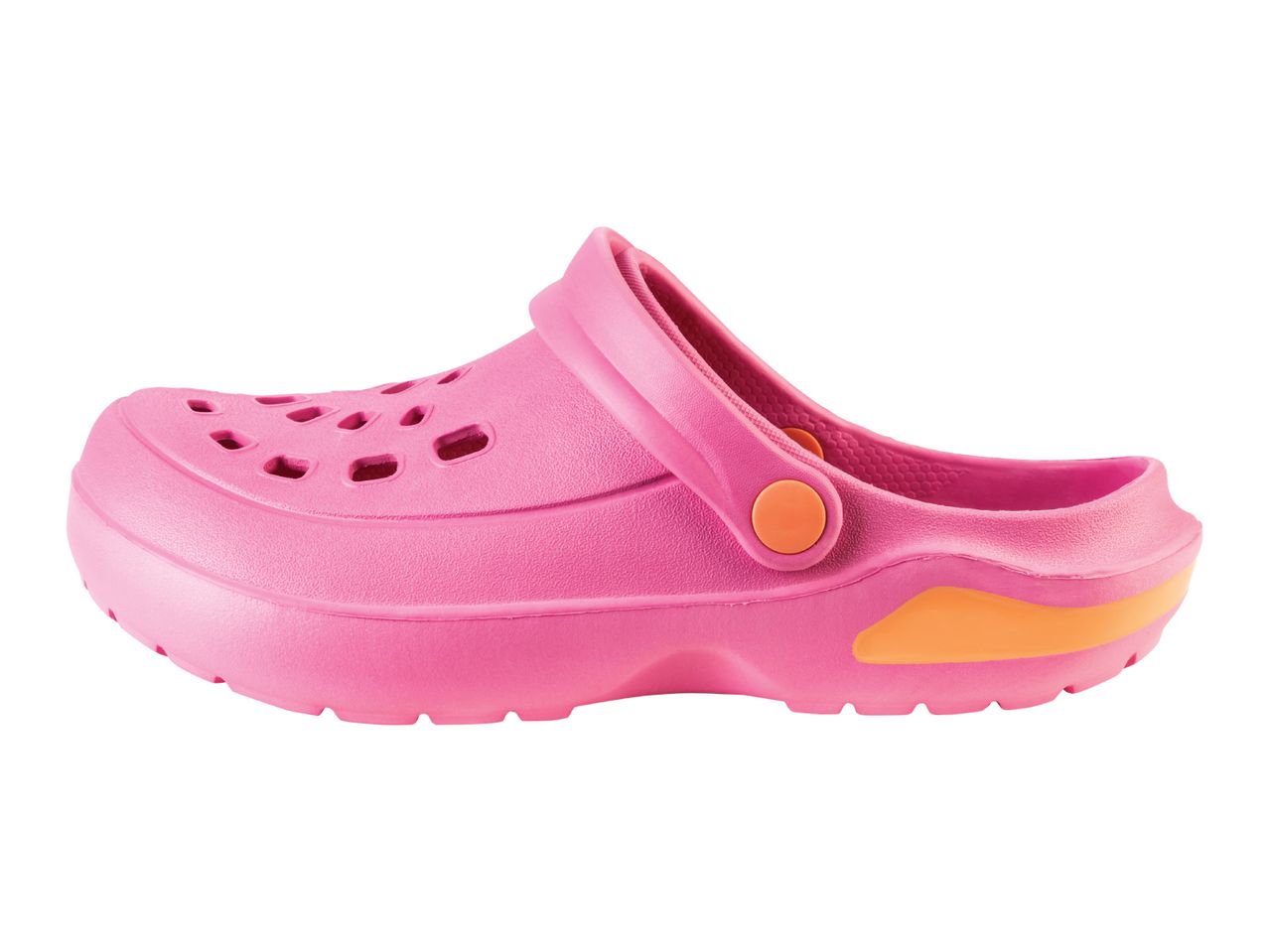 Pink children's clogs with orange accents.