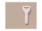 Pink electric foot file with a white roller and power button on a beige background.