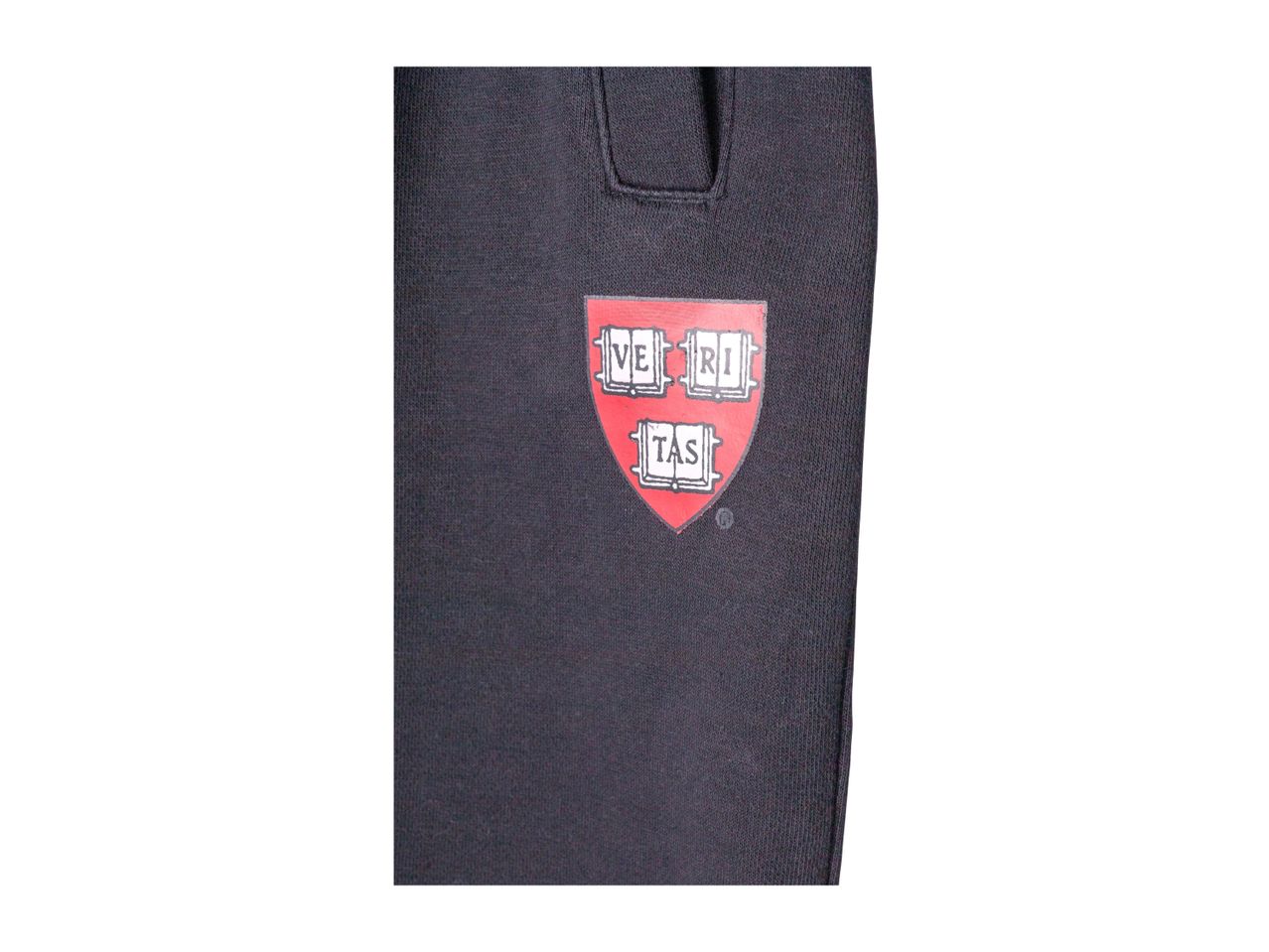 Close-up of a black garment featuring the Harvard University crest with 'VERI TAS'.