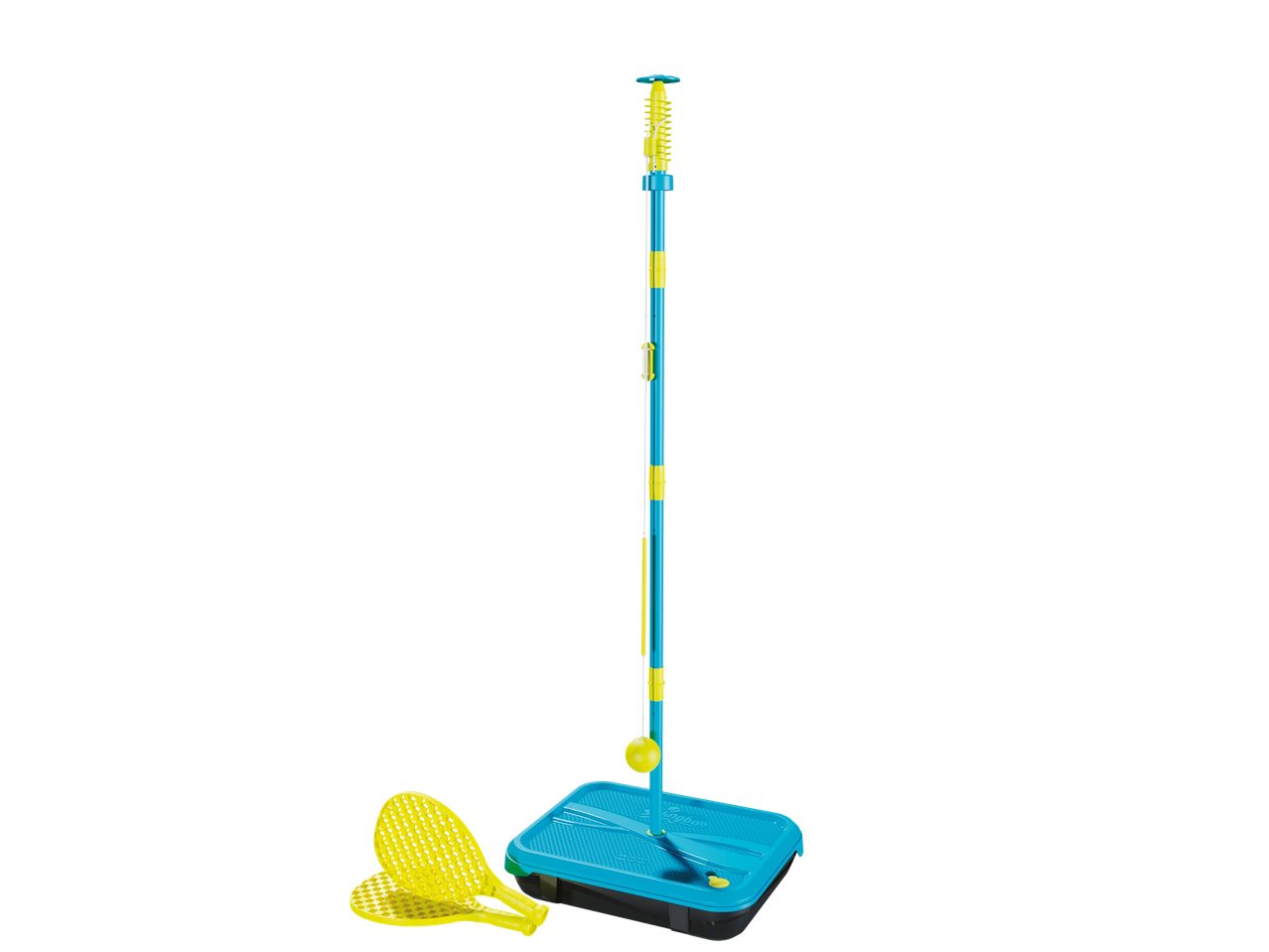 Swingball Lite set with a blue and yellow pole, base, ball, and two yellow rackets.