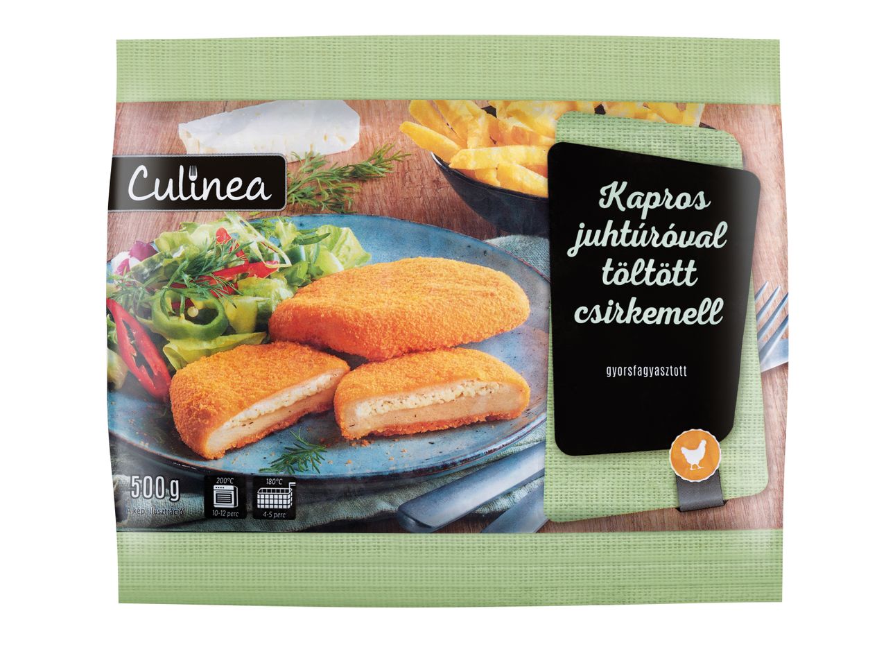 Culinea: sajttal töltött csirkemell, sült krumpli és saláta.