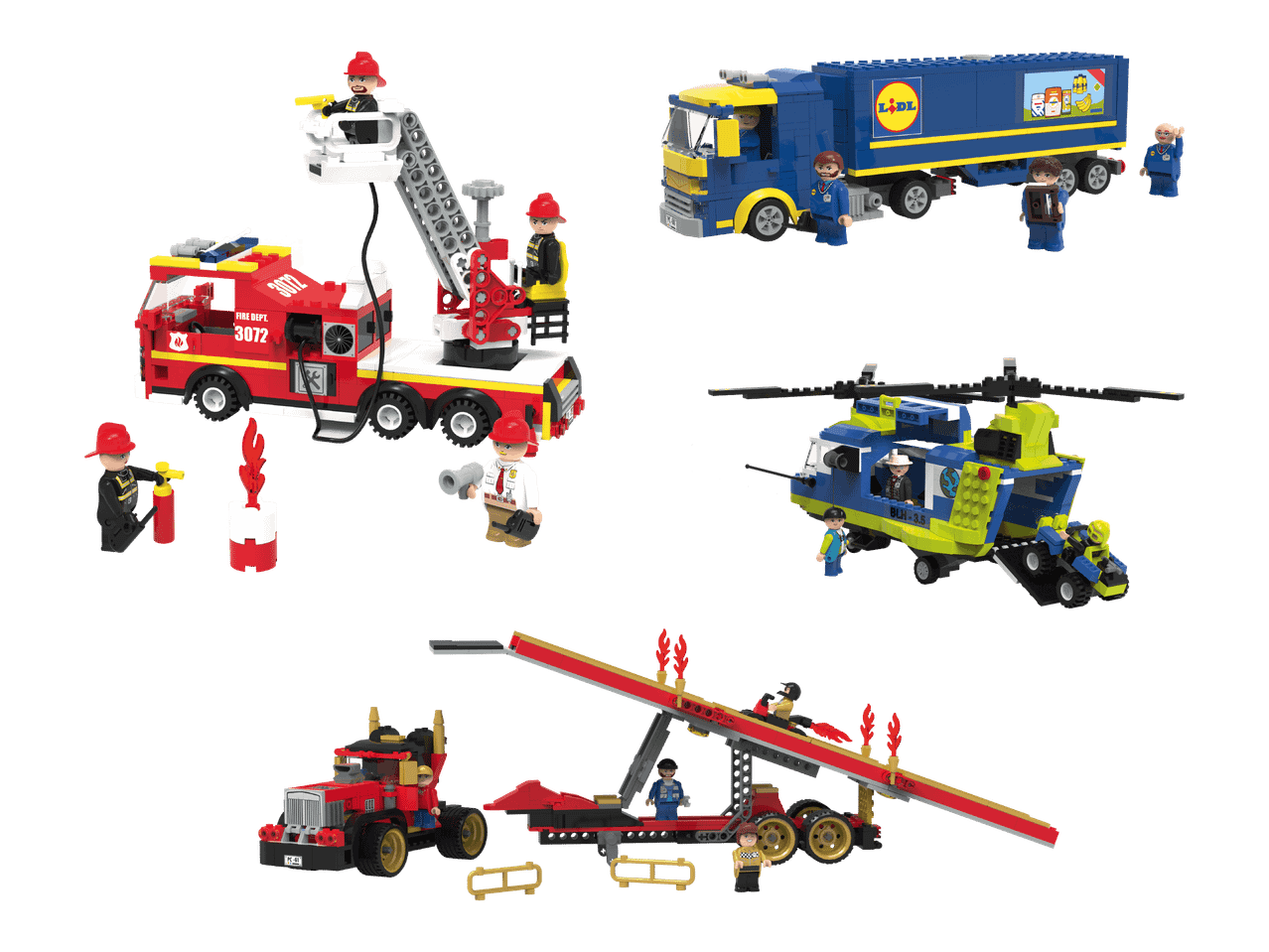 Lidl-kuorma-auto, paloauto, helikopteri ja stunt-auto leluina.