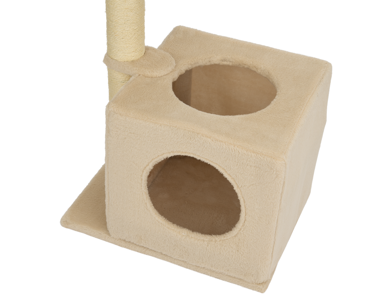 Casinha para gato bege com tronco de arranhadura.