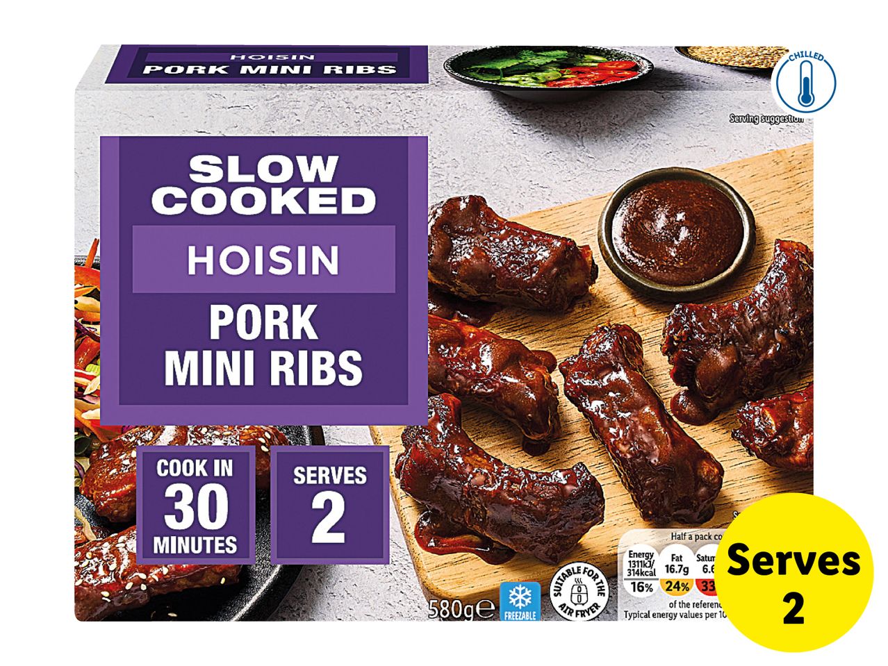 Packaging for slow-cooked hoisin pork mini ribs, showing ribs on a wooden board with sauce, cooking instructions, and nutritional information.