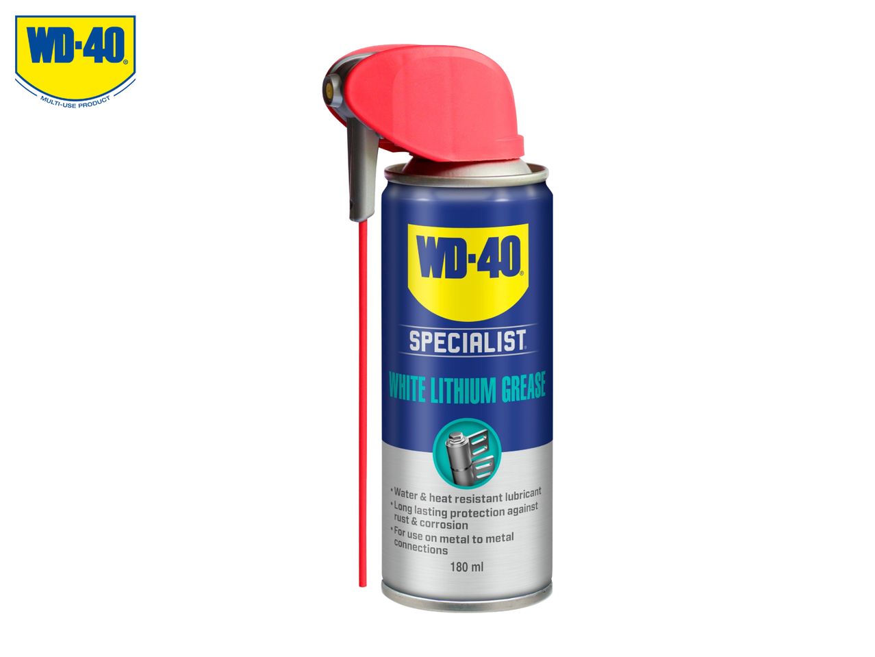 A 180 ml can of white lithium grease spray with a red smart straw.