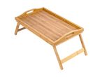 A light brown wooden bed tray with foldable legs and handles.