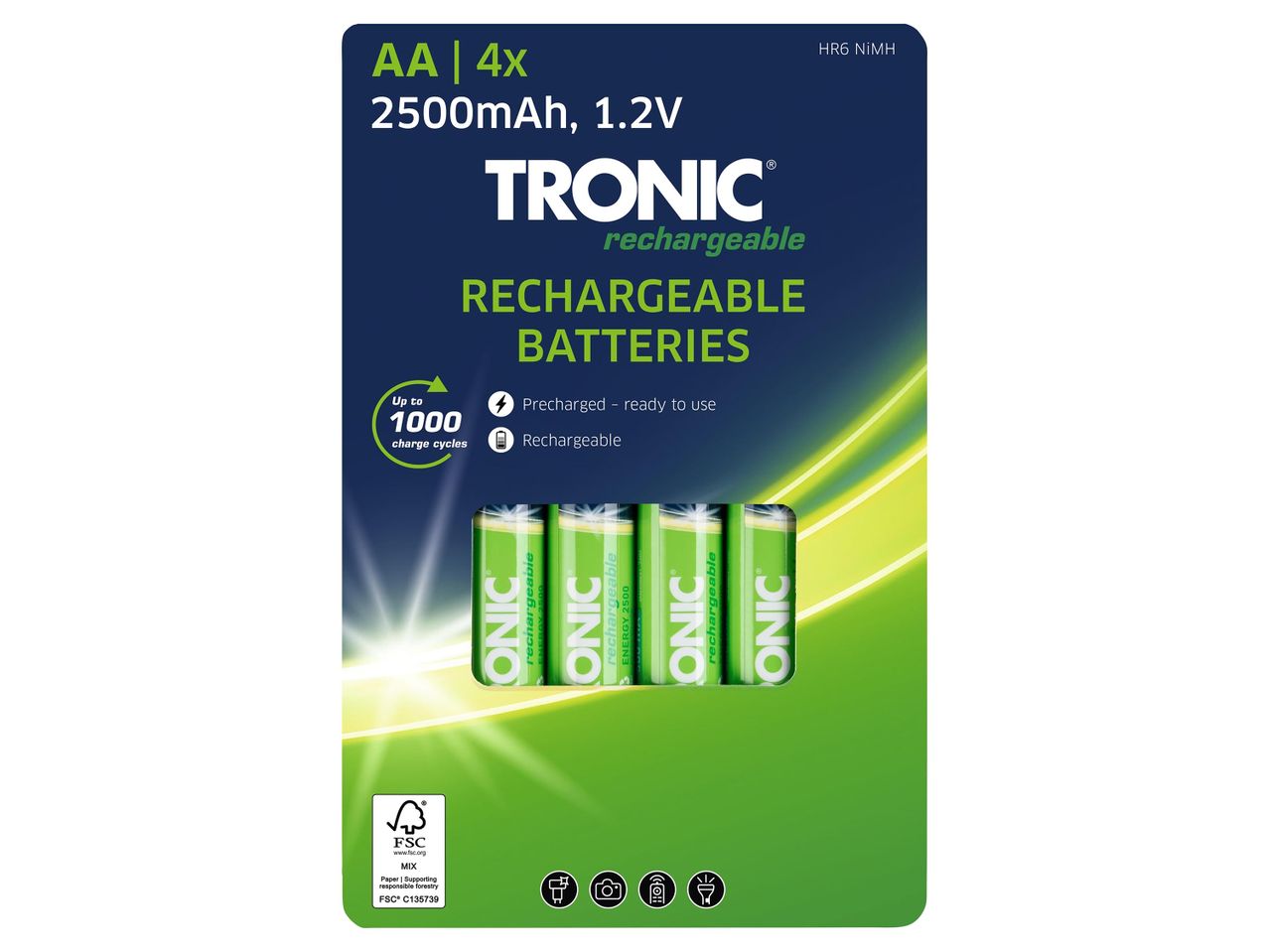 Négy darab TRONIC újratölthető AA elem 2500 mAh kapacitással.
