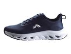 Navy blue athletic shoe with white sole and a white logo on the side.