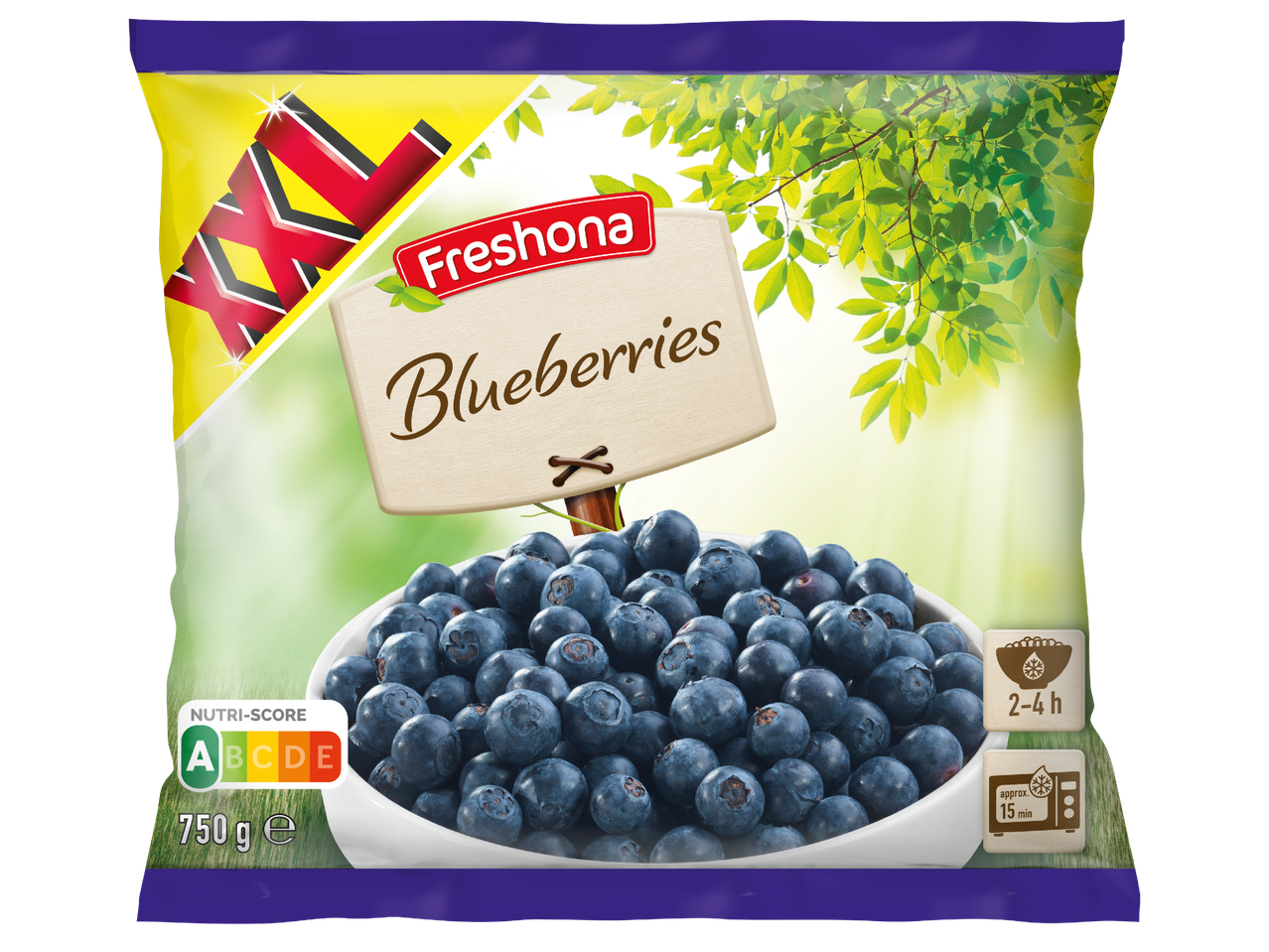 Опаковка замразени боровинки XXL с надпис „Freshona Blueberries“, Nutri-Score A и тегло 750g.